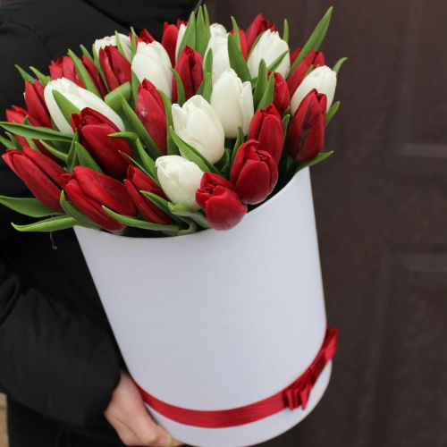 Тюльпаны в коробке 35 шт. (красный и белый) арт. 46095
