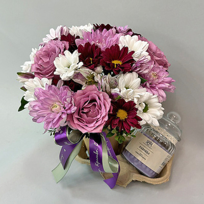 Сет "Лаванда". Набор стаканчик с цветами и аромасвечой в банке 70396