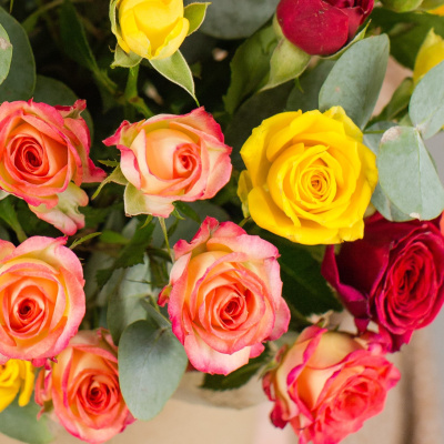 Коробка с цветными кустовыми розами и эвкалиптом 50412