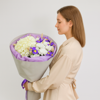 Букет с гортензией и ирисами N 84696 Букет с гортензией и ирисами N 84696