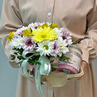 Сет "Цветочный вальс". Набор стаканчик с цветами и аромасвечой в банке 70397